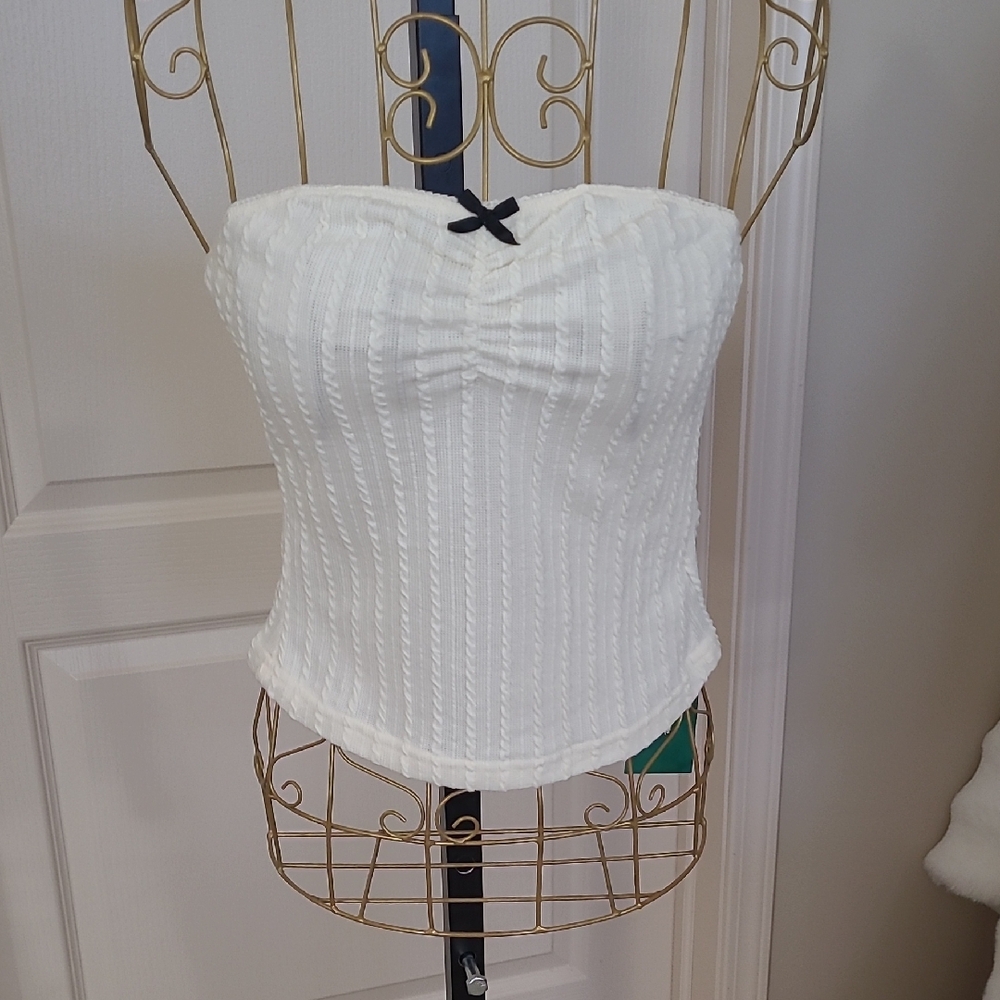Elegant Butter Yellow Detailed Strapless Cami Top With Black Bow Size XS